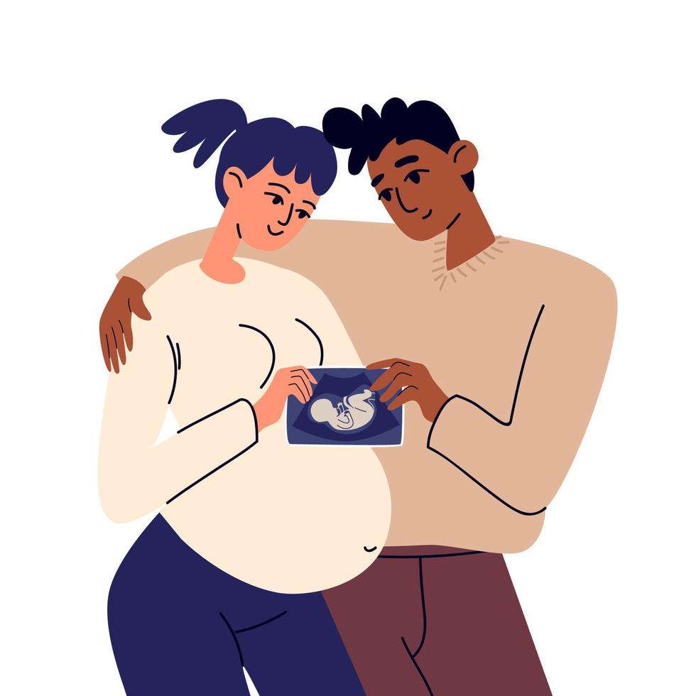 The future parents are holding an ultrasound snapshot of the baby. A pregnant woman stands in an embrace with the future father of the child. Parents of different nations isolated vector illustration.