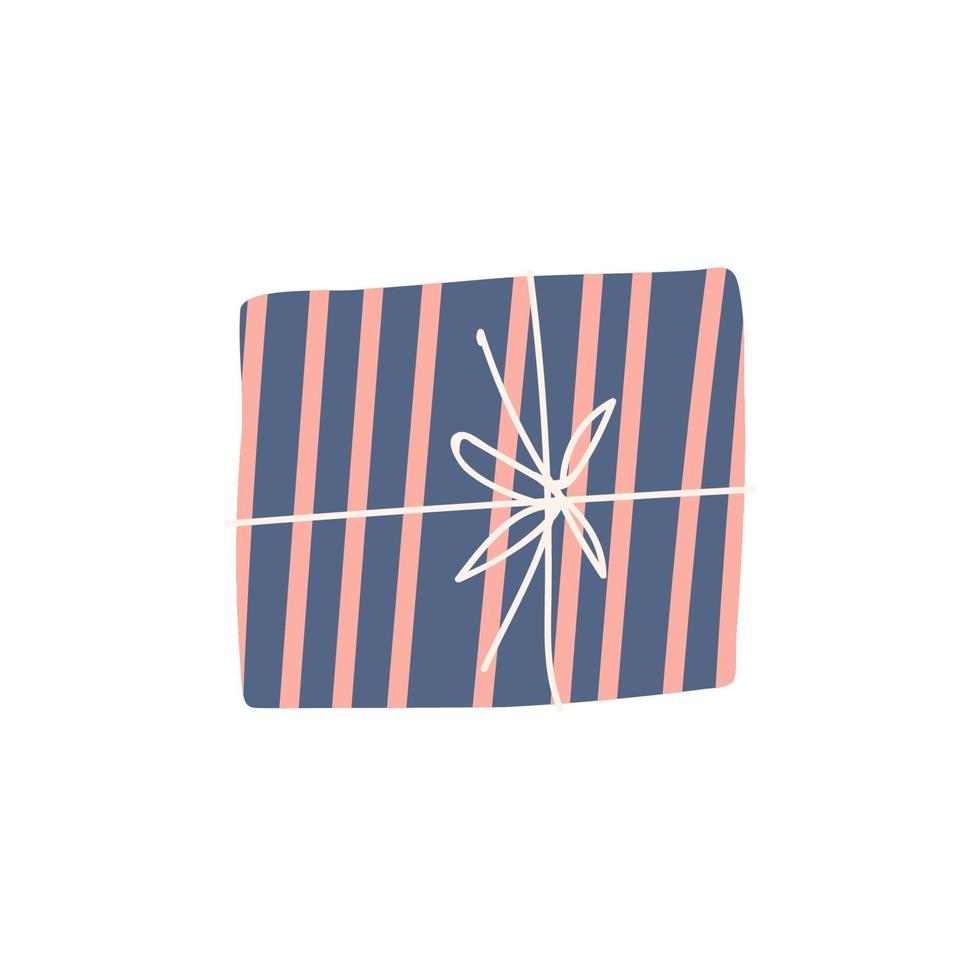 Blue gift box with pink stripes. Drawn birthday, New Year and Christmas present isolated. Vector illustration of a cute gift box with a ribbon on a white background.