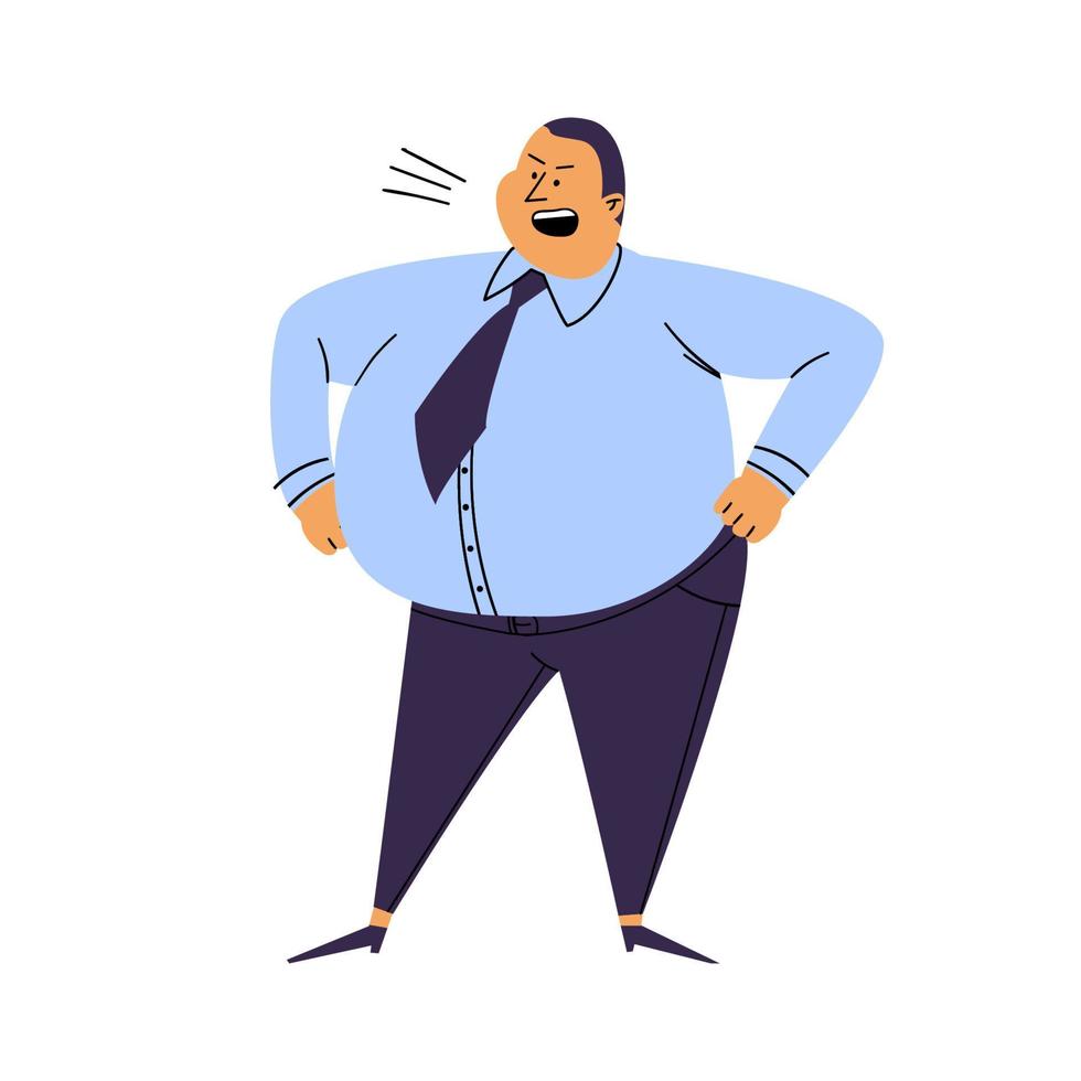 Screaming man isolated. Cartoon fat man stands akimbo. An irritated person in a blue shirt and trousers stands in a pose on a white background. vector