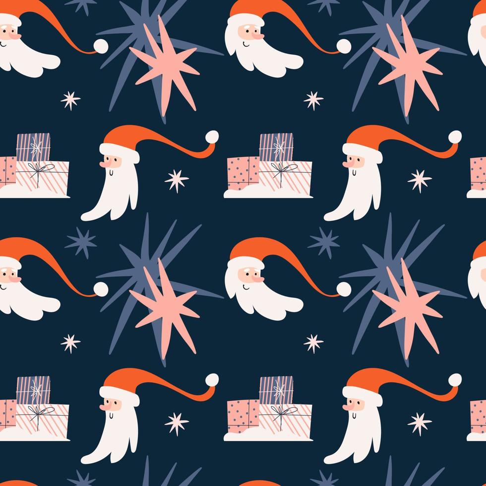 Christmas seamless pattern with funny Santa heads. Festive bright pattern with Santa and stars. Vector stock illustration on blue background