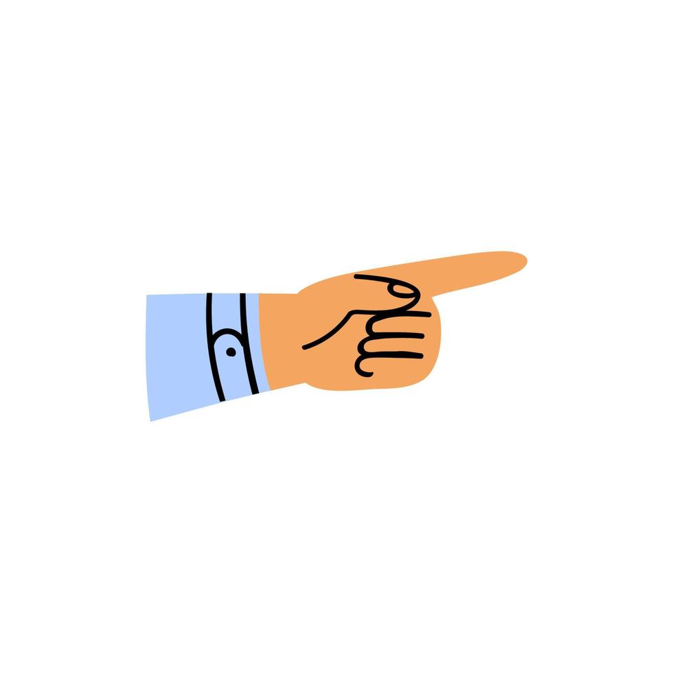 mano de dibujos animados apuntando a la derecha. un brazo en una manga con un dedo índice en una camisa azul. gesto de señalar con la mano dibujada a mano sobre fondo blanco. ilustración de stock vectorial de la parte del cuerpo aislada. vector