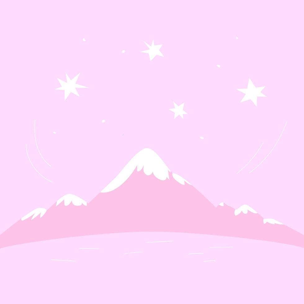 Pink background with mountain peaks and starry sky. Pink ridges of mountains. Shining stars over snowy peaks. Square background isolated. vector