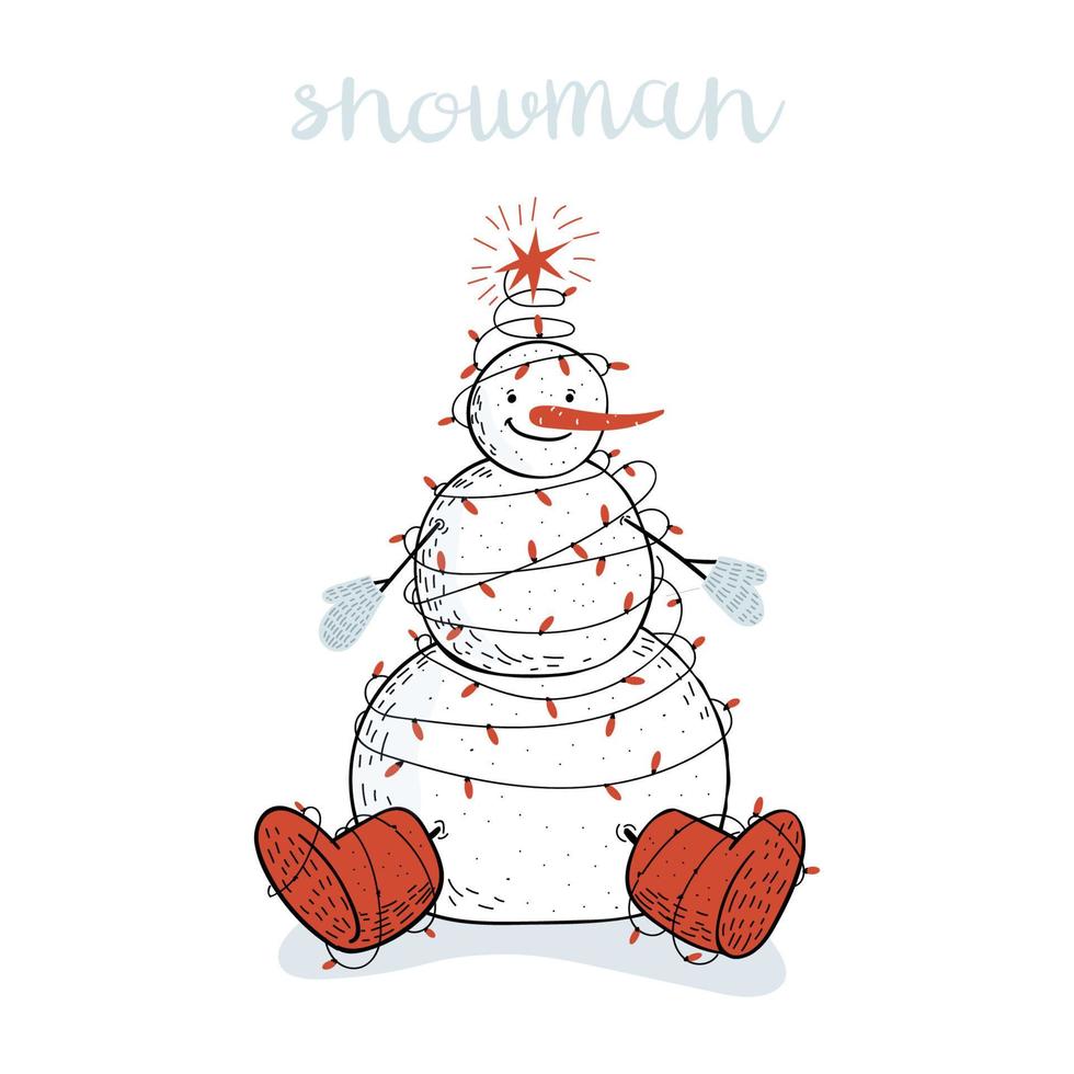 Cute snowman wrapped in a garland. Hand-drawn doodle snowman in felt boots and mittens isolated. Vector illustration of a winter character on a white background.