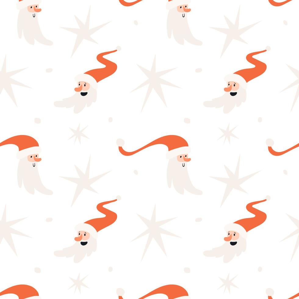 Santa Claus head and stars seamless pattern. Hand-drawn ornament with heads of Santa in red hat isolated. Seamless Christmas background on white. vector