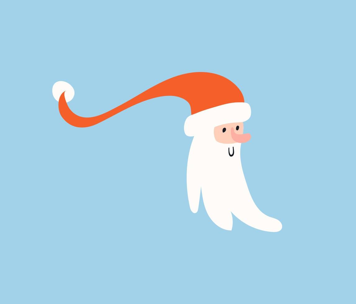 Santa's head. Cartoon head of Santa Claus on a blue background isolated. Cute New Year character in a red hat with a white bubo. Vector stock festive illustration