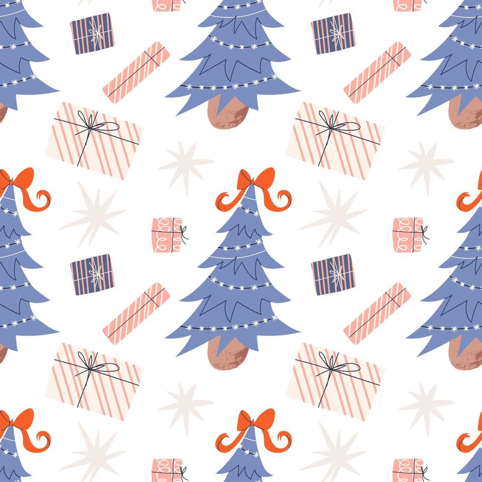 Christmas seamless pattern. Festive bright pattern with a Christmas tree and gifts. Vector stock illustration on white background with stars.