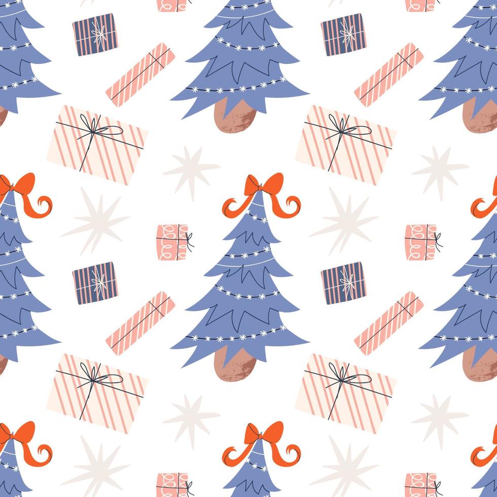 Christmas seamless pattern. Festive bright pattern with a Christmas tree and gifts. Vector stock illustration on white background with stars.