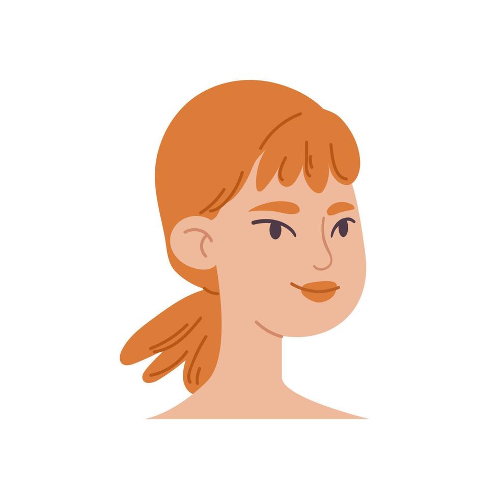 Cartoon female face. The head of a red-haired girl with a tail and bangs to the shoulders. Female avatar illustration vector isolated on white background.