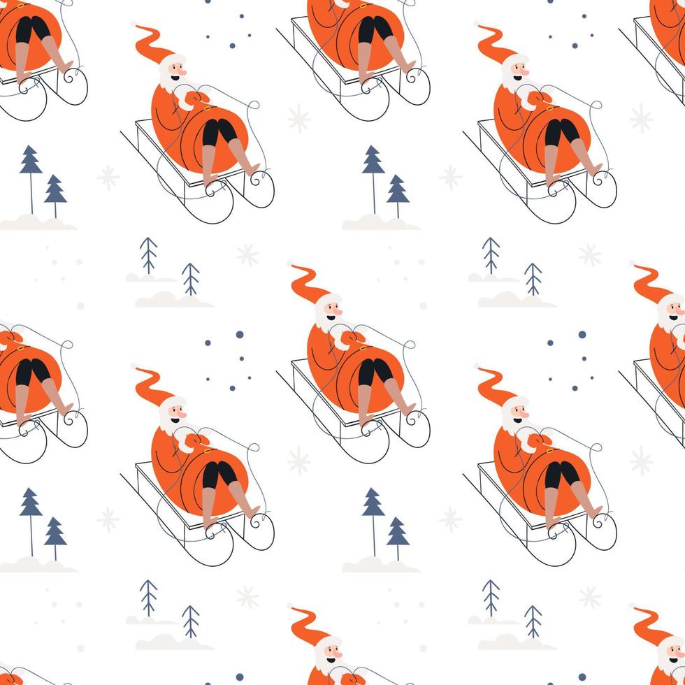 Christmas seamless pattern with Santa sleigh rides. Festive bright pattern with Santa Claus riding among the snowy forest. Vector stock illustration on blue background