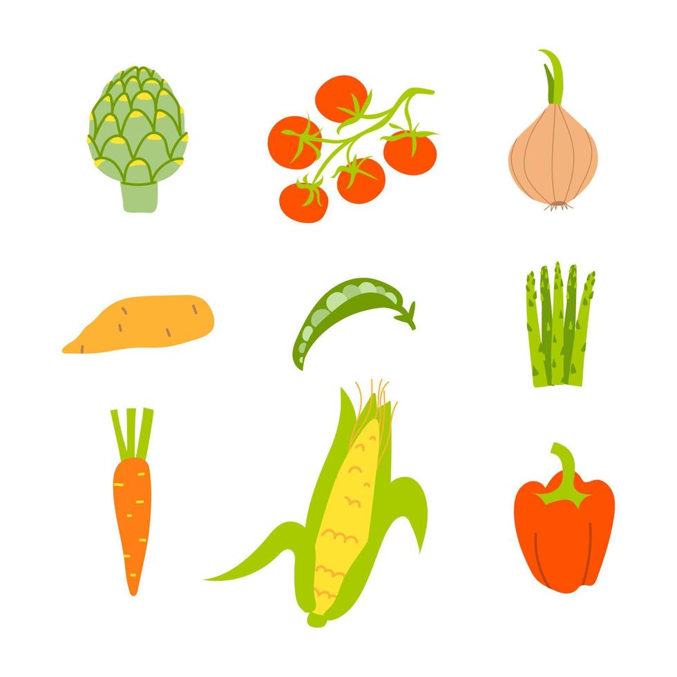 Fresh vegetables set. Collection of cartoon vegetables on a white background. Vector illustration of cultivated plants isolated.