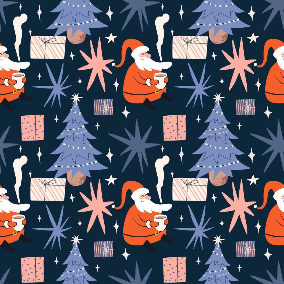 Christmas seamless pattern with Santa Claus. Festive bright pattern with a Christmas tree and gifts. Vector stock illustration on blue background