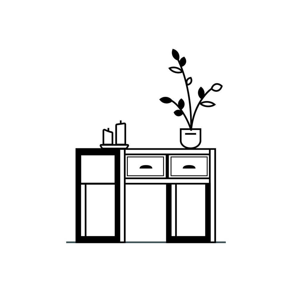 Loft style chest of drawers with a vase and candles on it. Minimalistic painted furniture black on white with two drawers. Vector stock illustration of furniture for the interior in the loft style.