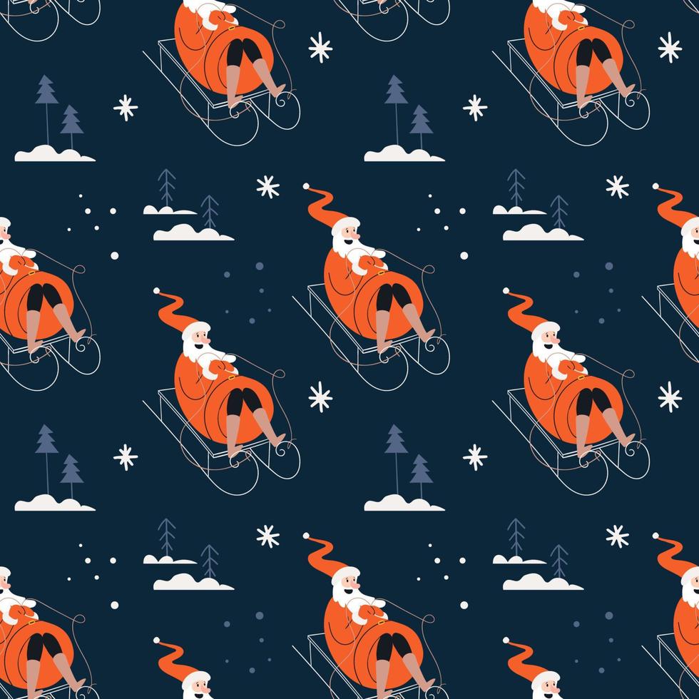 Christmas seamless pattern with Santa sleigh rides. Festive bright pattern with Santa Claus riding among the snowy forest. Vector stock illustration on white background.