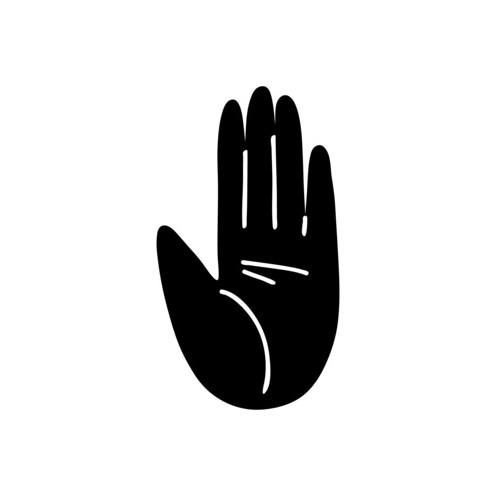 Fives isolated gesture. Black silhouette of a hand on a white background with an open palm. Vector stock illustration of stop gesture.