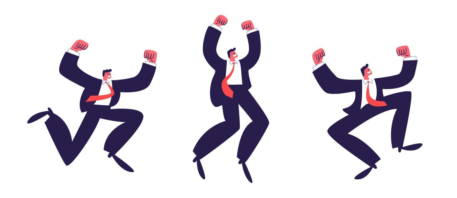 Jumping men. A set of victorious men in suits in a red tie raised their hands emotionally. Vector stock illustration isolated on white background.