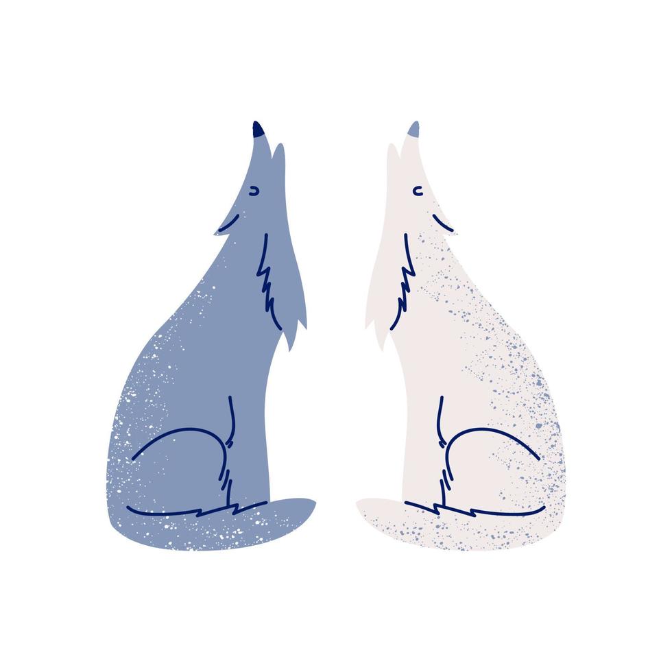 dos lobos aúllan uno al lado del otro. lobos grises y blancos de dibujos animados sentados juntos con la cabeza en alto. ilustración vectorial de animales del bosque aislados en fondo blanco. vector