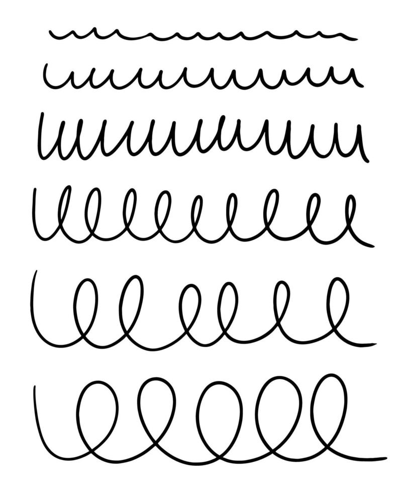 Set of spiral wavy doodle lines. Hand-drawn collection of doodle curls from small to large loops. Vector illustration graphic elements isolated on white background.