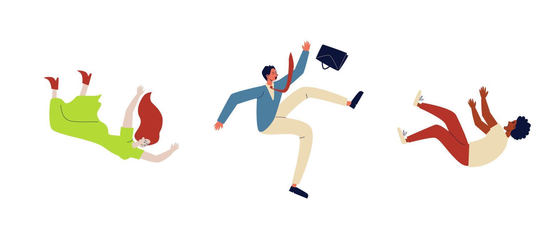 Cartoon people fall. Different men and women fall and no one will help them. Vector stock illustration concept of dismissal of working men and women.