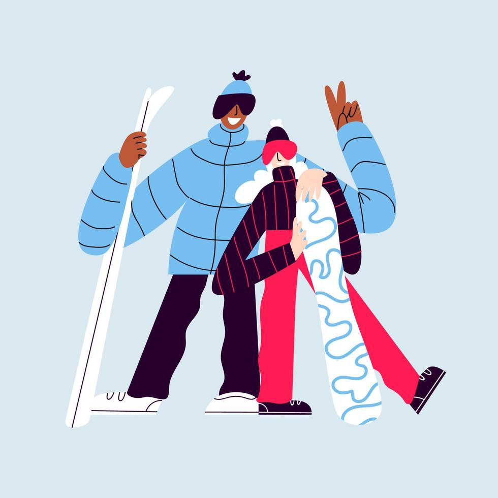 esquiadores felices aislados. mujer y hombre en ropa de abrigo con esquís y snowboard. gente sonriente con trajes de esquí posando para una foto con un fondo azul. vector