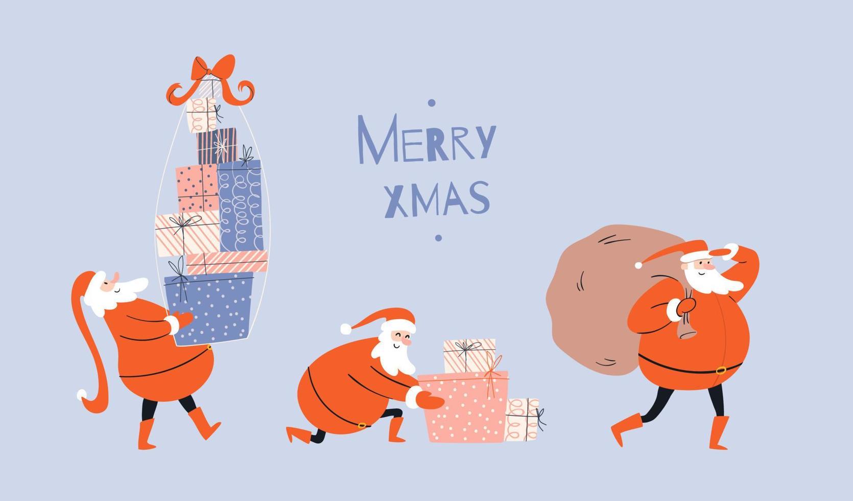 conjunto de santa claus dibujado aislado. lindos personajes de dibujos animados santa claus con regalos. ilustración vectorial de personas festivas de año nuevo en un fondo azul. vector