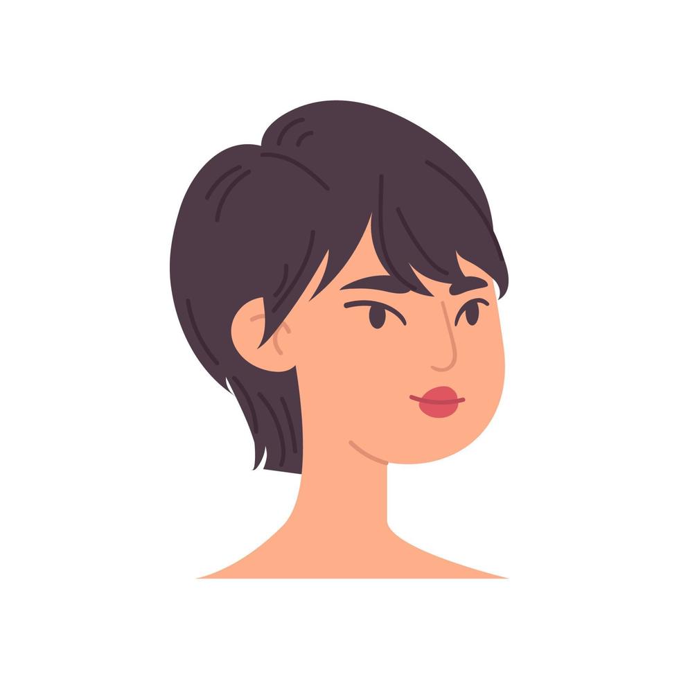 Cartoon woman face. The head of a girl with dark short hair to the shoulders. Female avatar illustration vector isolated on white background.