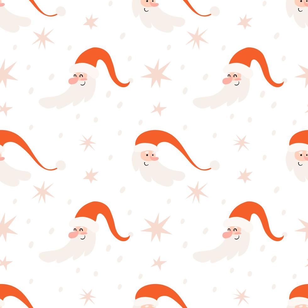 Santa Claus seamless pattern. Hand-drawn ornament with Santa's head wearing a red hat and stars. Seamless Christmas background on white. vector