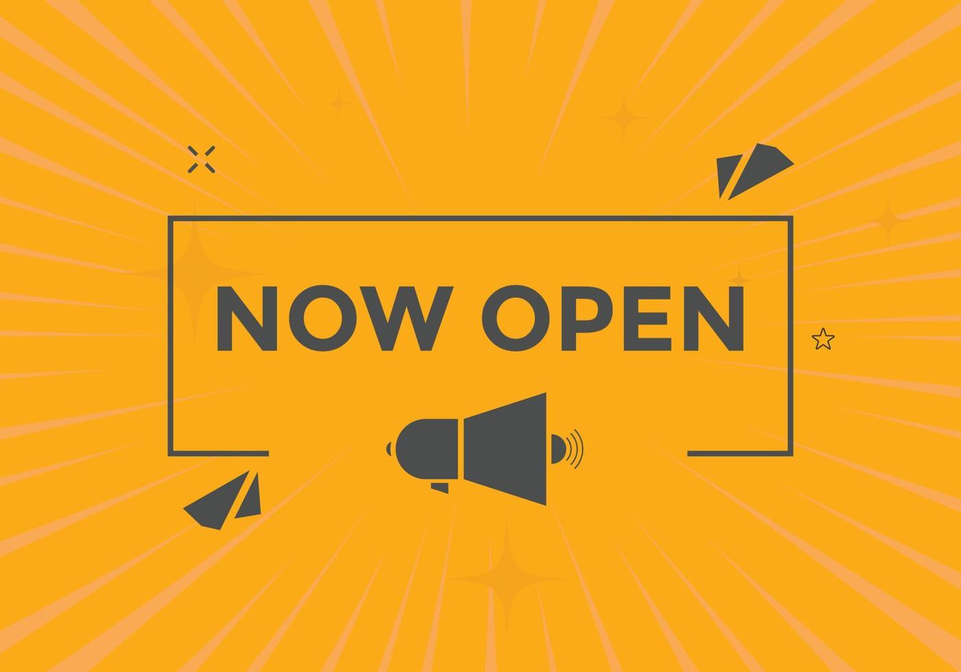 Now open button. Now open speech bubble. Colorful label sign template. Now open text web template. Vector Illustration