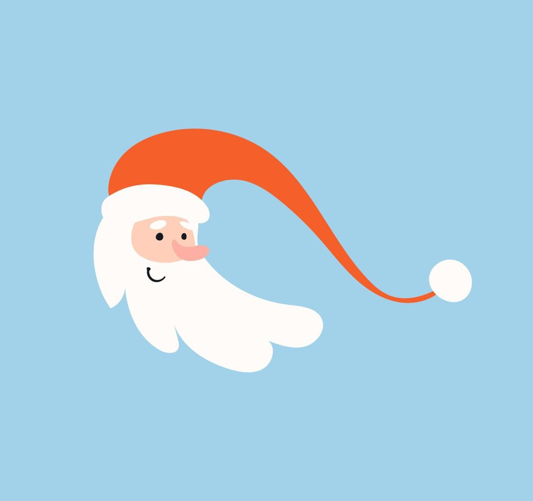 Funny Santa's head. Cartoon Santa Claus on a blue isolated background. Cute festive character in a red hat. Vector stock illustration.