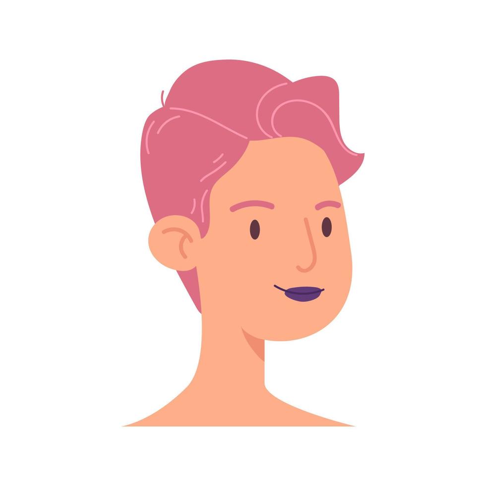 cara de caricatura de una mujer joven. la cabeza de una chica informal con cabello corto rosa y lápiz labial oscuro. vector de ilustración de avatar femenino aislado sobre fondo blanco.