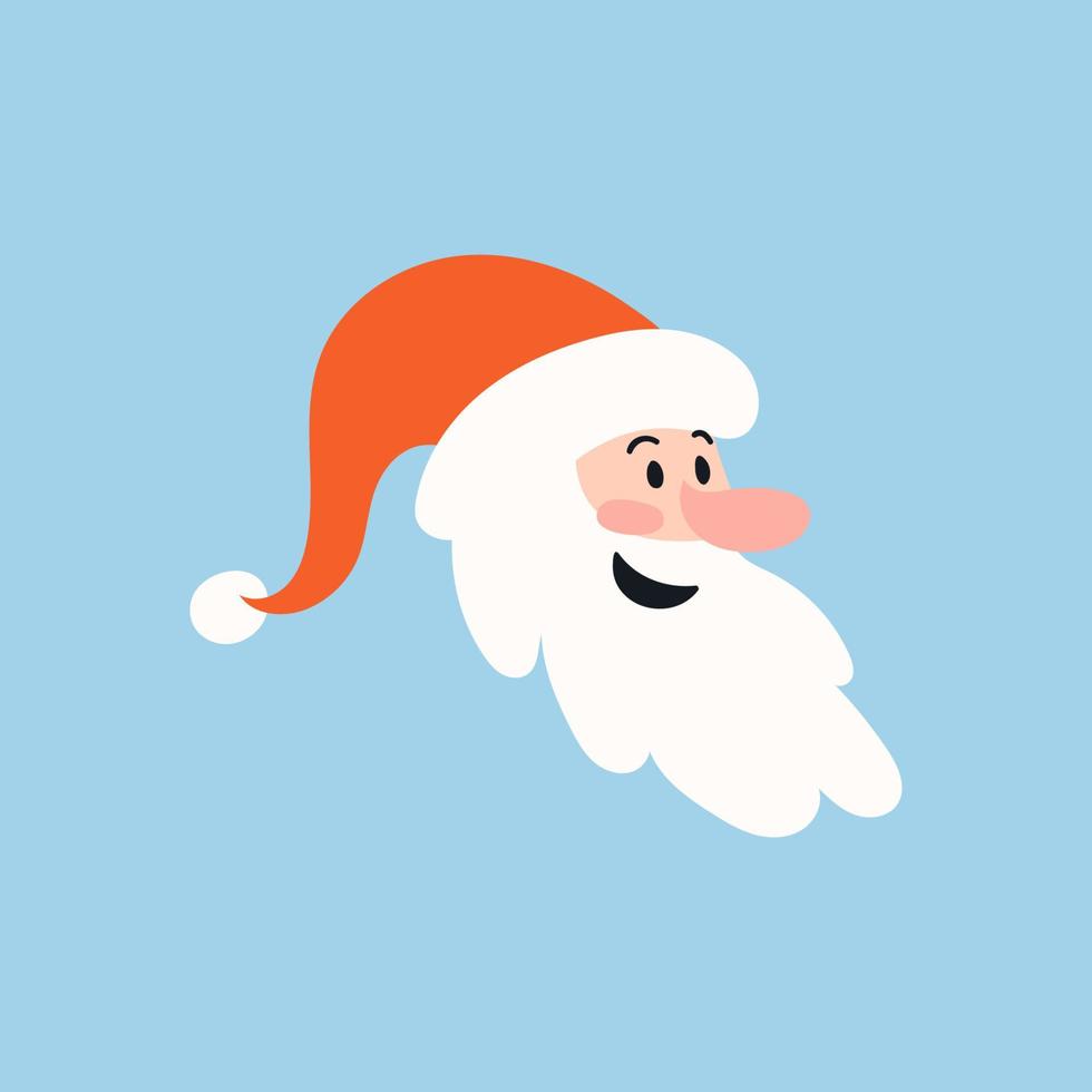 Cartoon head of Santa Claus. Vector illustration of a smiling Santa face isolated on a blue background. Festive character Merry Christmas in flat design.