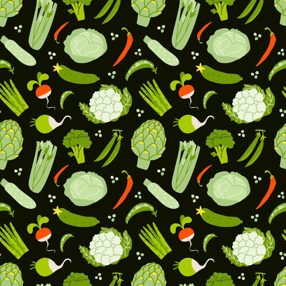 Seamless pattern with vegetables on a dark background. A pattern from fresh organic green vegetables and some red ones isolated. Vector stock illustration of grocery background.