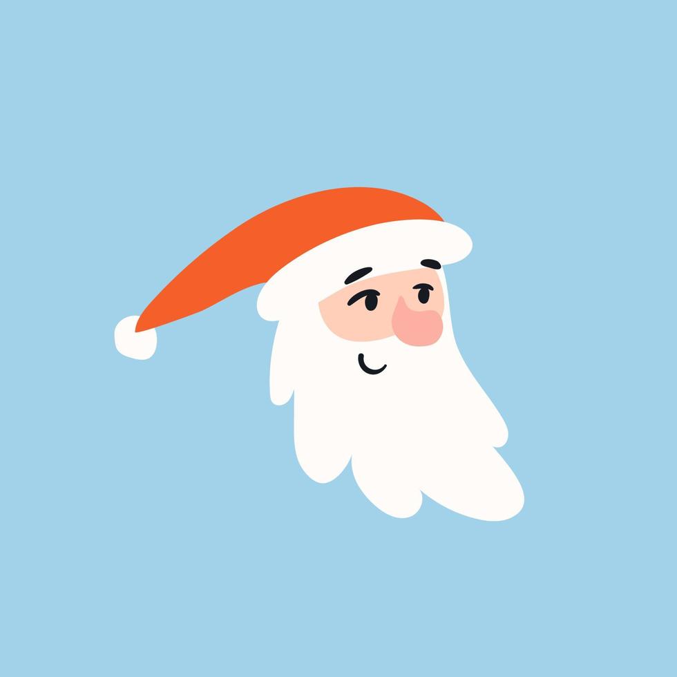 Cartoon Santa head. Santa Claus on a blue background isolated. Cute festive character in a red hat. Vector stock illustration.