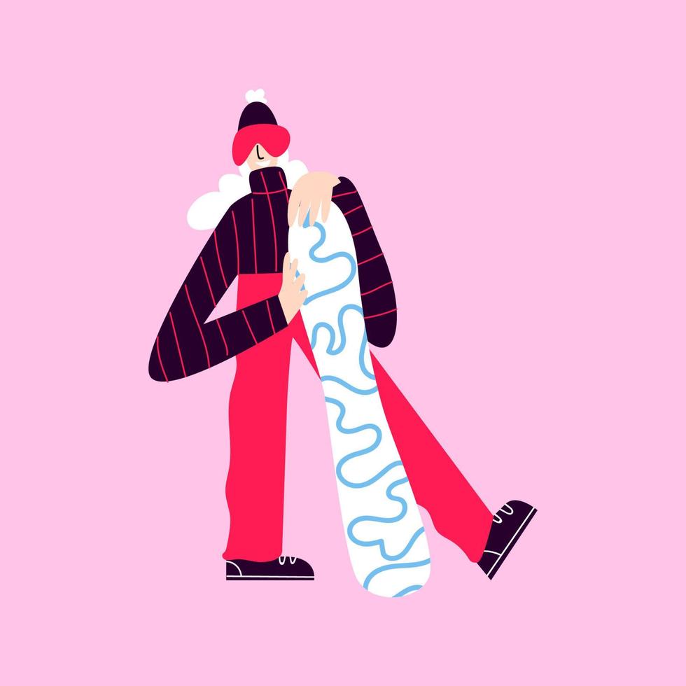 Happy alpine skier with snowboard. A woman in ski goggles and warm clothes holds a snowboard. Smiling girl in a ski suit posing for a photo on a pink background. vector