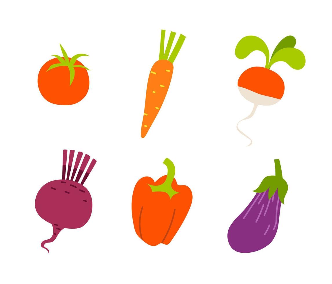 conjunto de verduras orgánicas en colores rojo y morado sobre un fondo blanco. las verduras ecológicas naturales están llenas de vitaminas en un diseño plano. ilustración vectorial de alimentos saludables aislados. vector