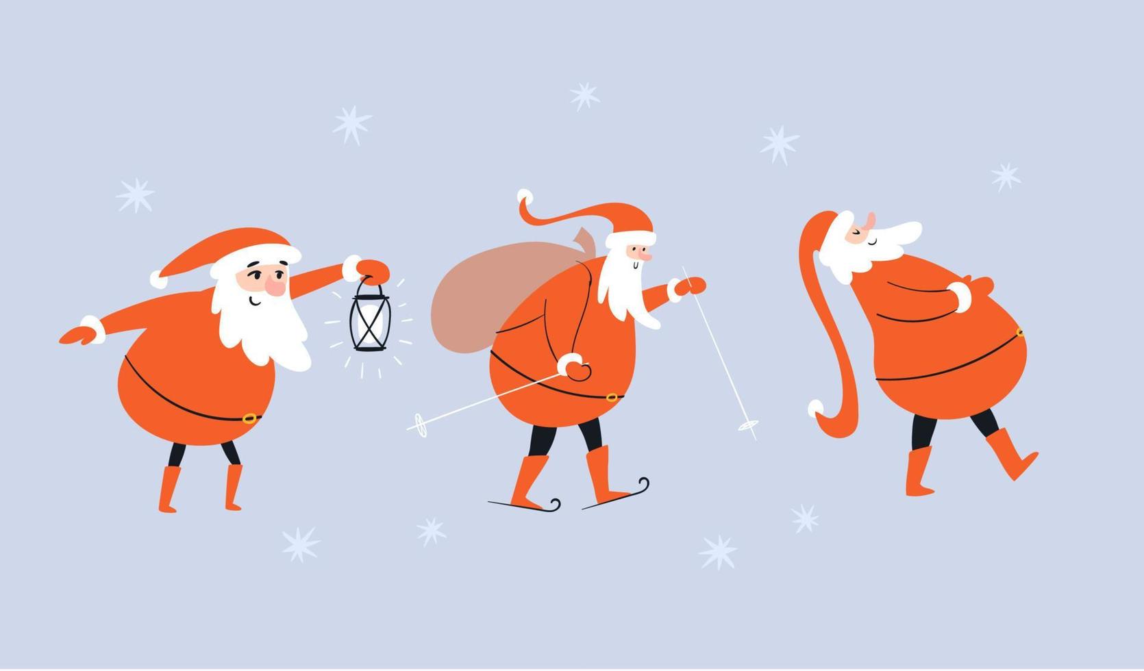 dibujado conjunto santa claus aislado. lindos personajes de dibujos animados santa claus con regalos, con una linterna y esquiando. ilustración vectorial de la gente de navidad en un fondo azul con estrellas. vector