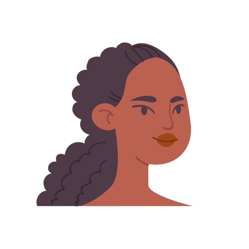 cara de mujer de dibujos animados. cabeza de una mujer afroamericana con el pelo largo y rizado recogido en una cola de caballo. vector de ilustración de avatar femenino aislado sobre fondo blanco.