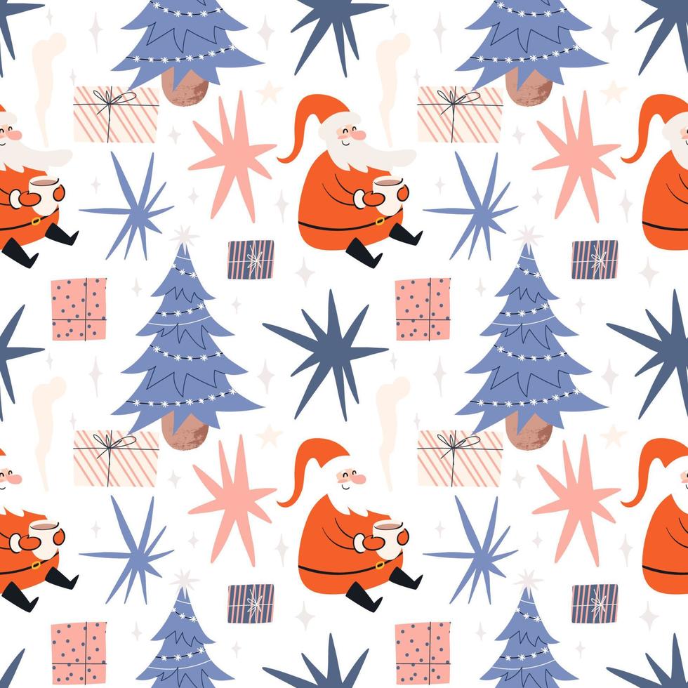 Christmas seamless pattern with Santa Claus. Festive bright pattern with a Christmas tree and gifts. vector