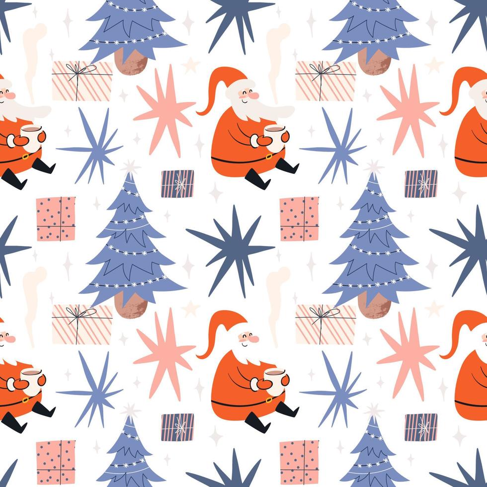 Christmas seamless pattern with Santa Claus. Festive bright pattern with a Christmas tree and gifts. vector