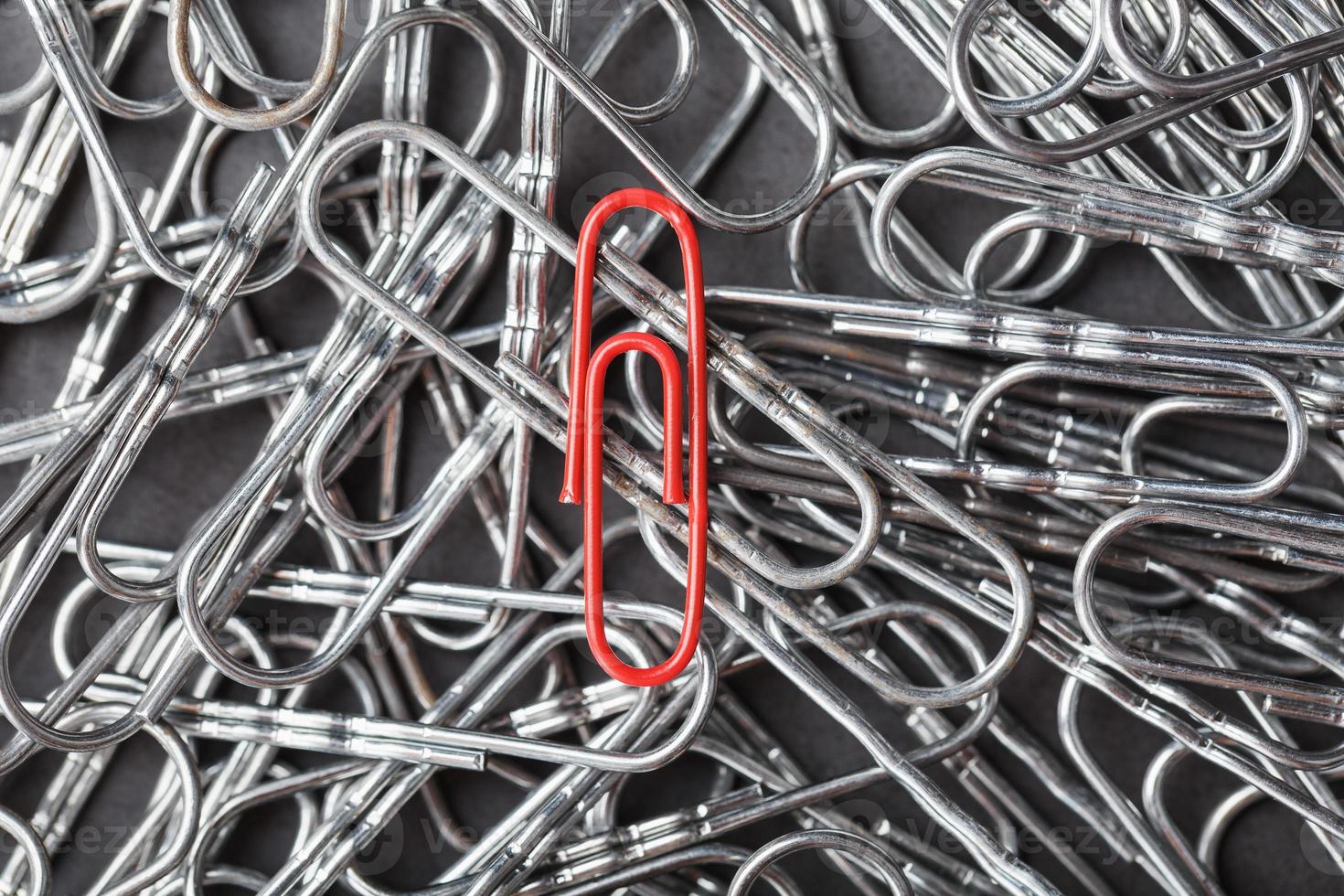 A red paper clip stands out against a textured background of silver paper clips photo