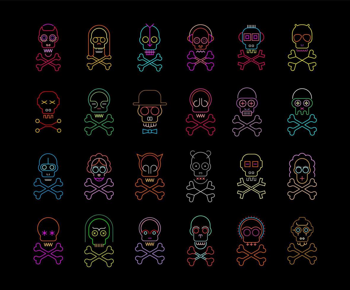 iconos de neón de calavera y tibias cruzadas vector