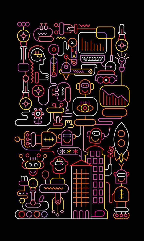 Robots Neon Vector Illustration