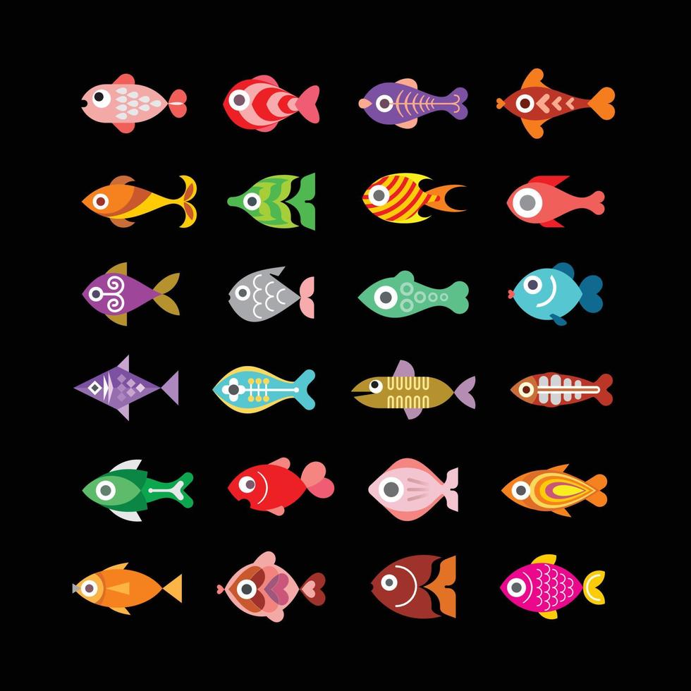 Fish vector icons on a black