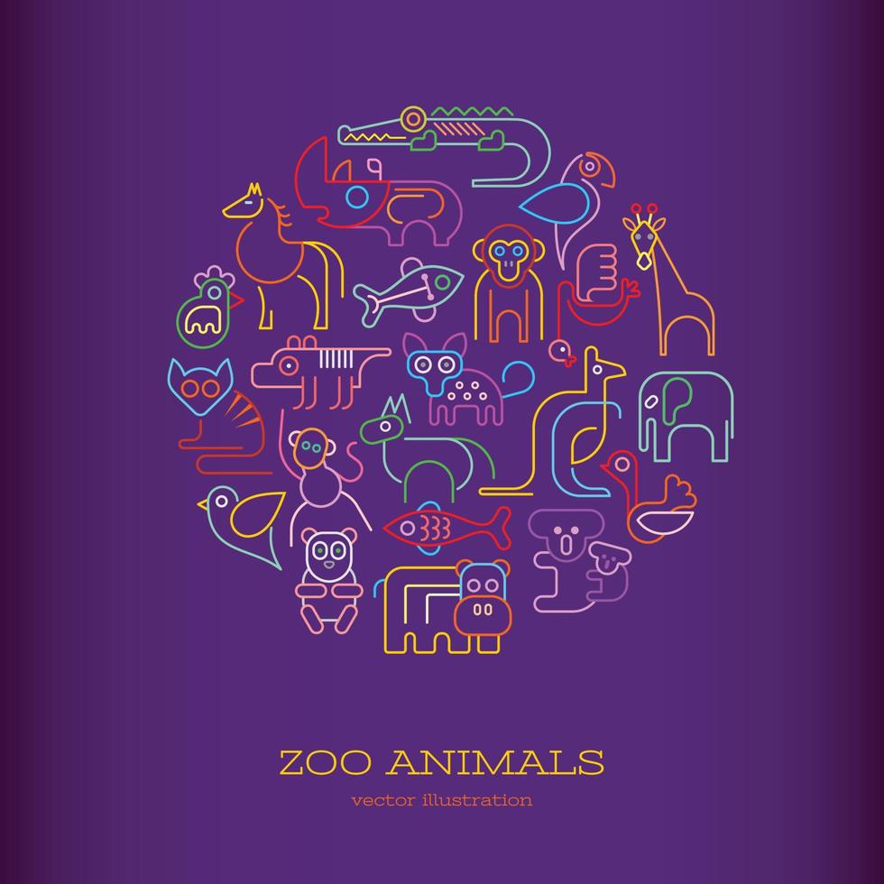 Zoo Animals Neon round shape vector