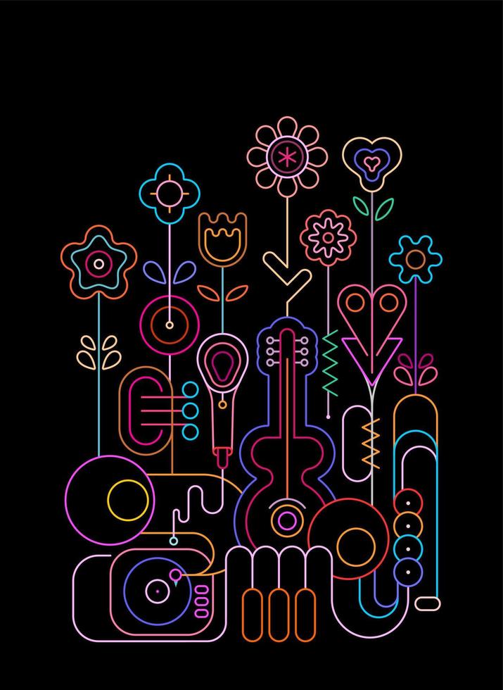 Flowers and Musical Instruments Neon vector design