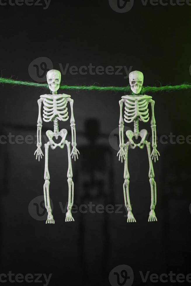 Decorative Skeletons hang on a rope on a gloomy background photo