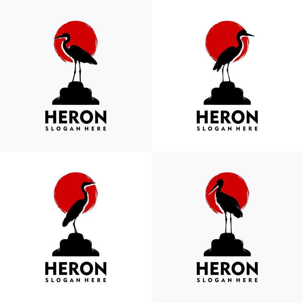 conjunto de estilo de silueta de logotipo de garza moderna con fondo rojo vector