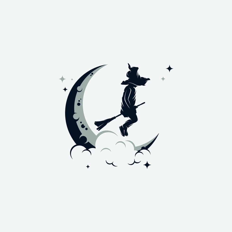 Little Witch logo template with flying broom vector