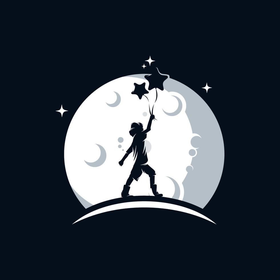 Little Child holds a balloons on the moon logo vector