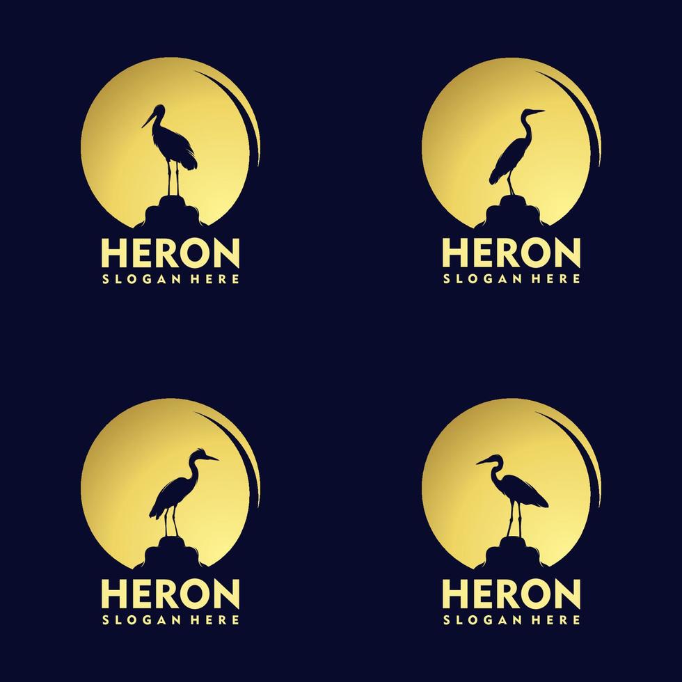 Silhouette Stork Heron Bird on Gold Sunset Logo Design vector