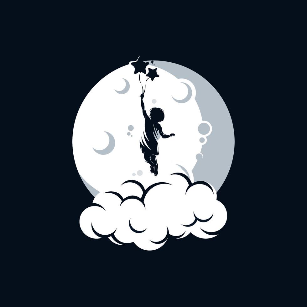 Little child holds stars balloons on the moon vector